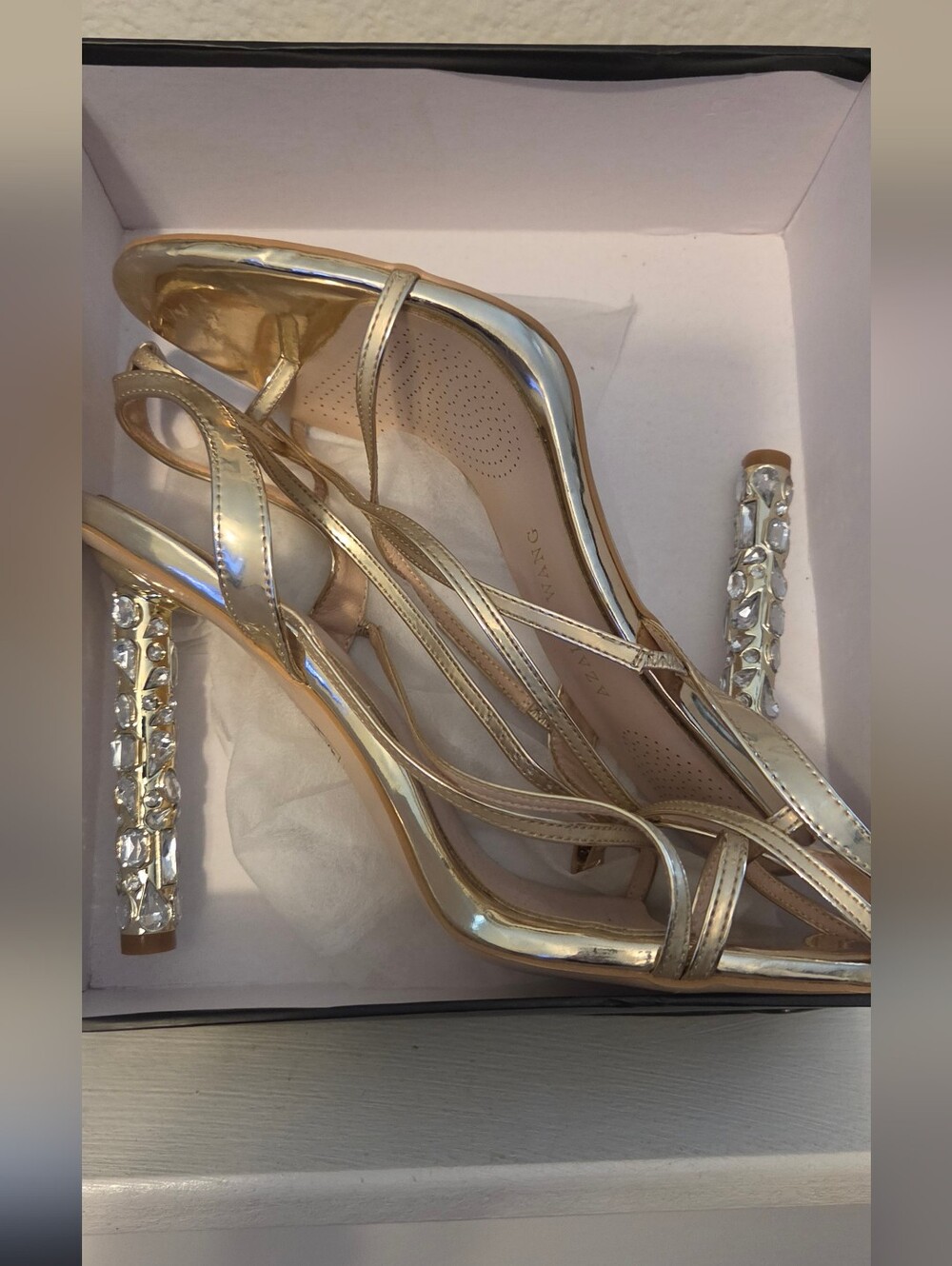 Azalea Wang (AKIRA) Gold Strappy Evening Sandals with Jeweled Heel